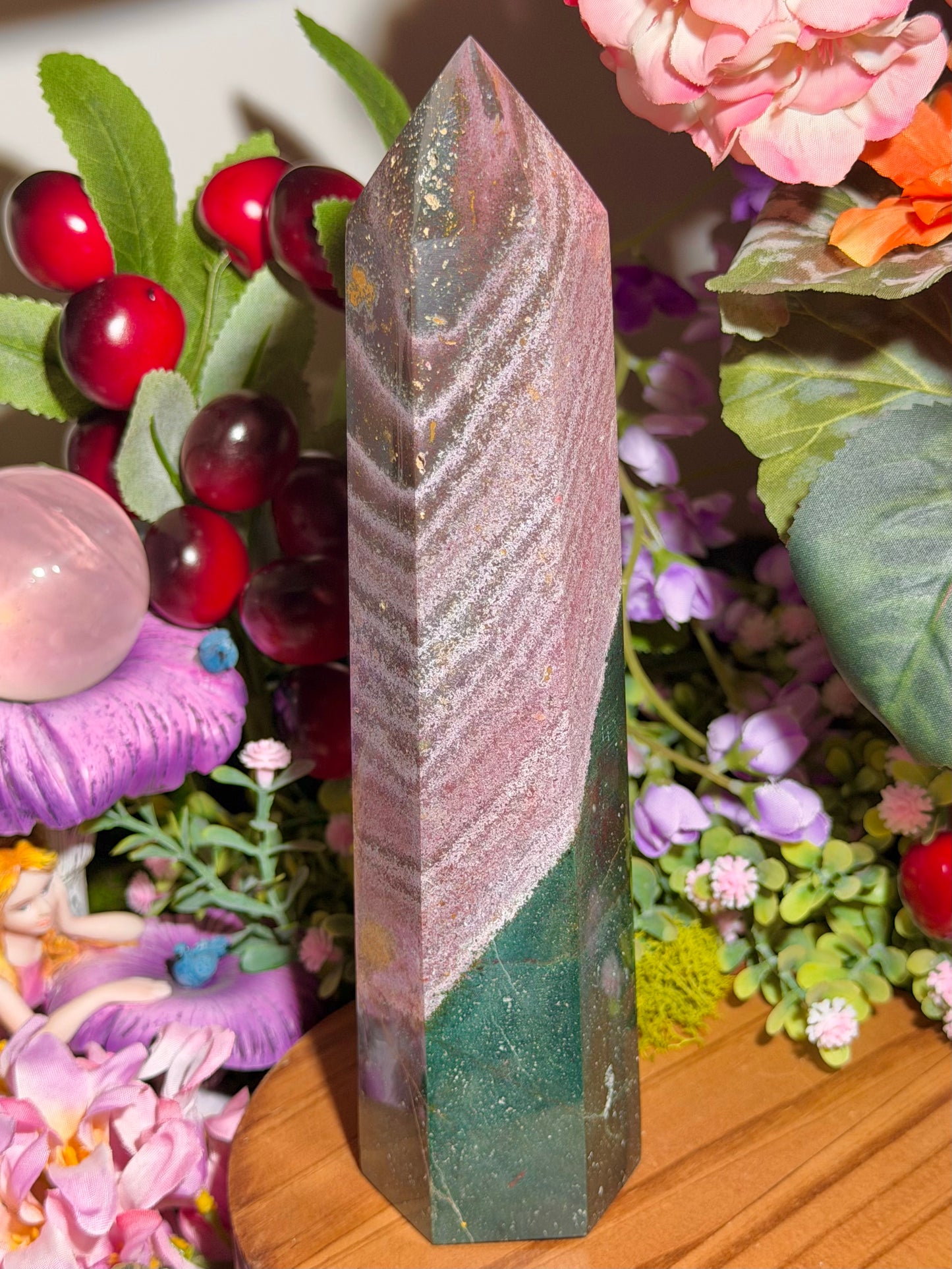 Pink and green sea jasper tower