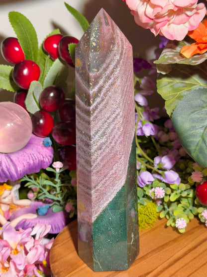 Pink and green sea jasper tower