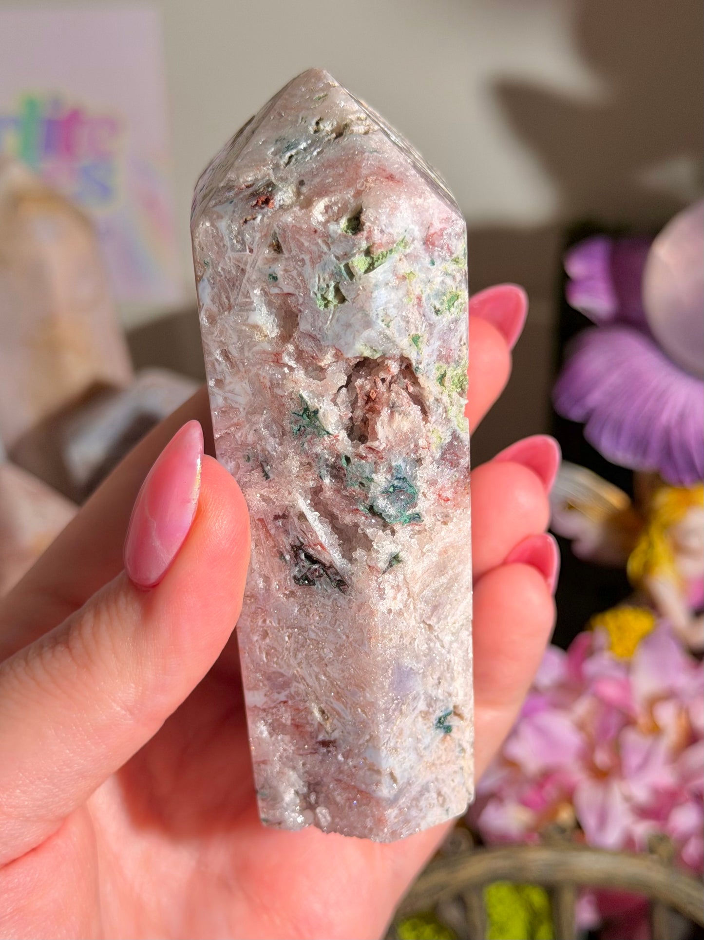 Fairy green jasper mixed with pink amethyst tower from Brazil