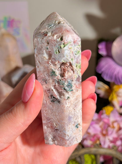 Fairy green jasper mixed with pink amethyst tower from Brazil