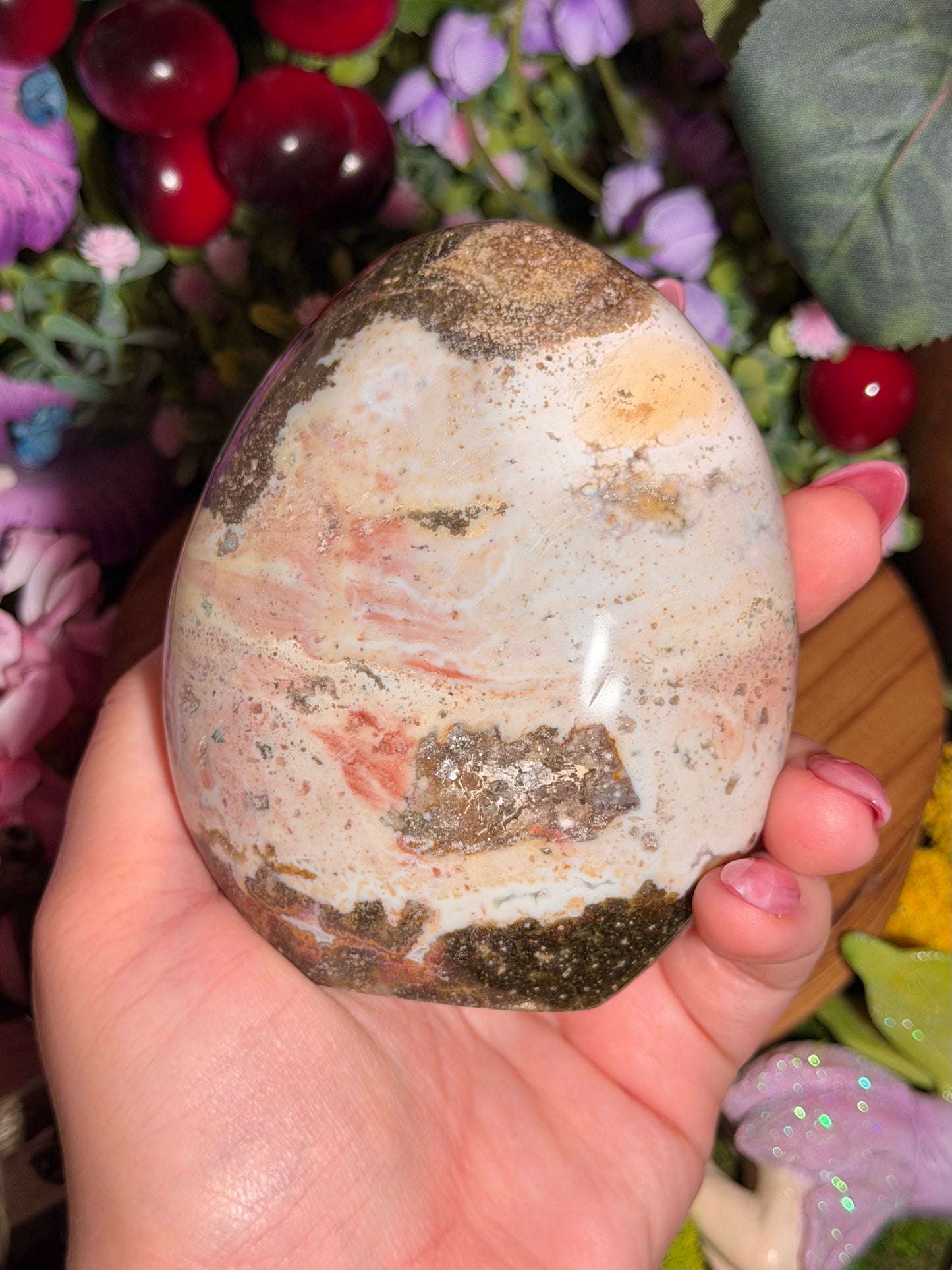 Pastel rainbow sea jasper freeform with quartz pocket