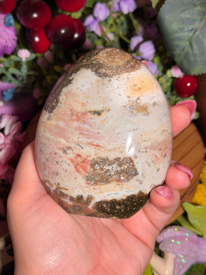 Pastel rainbow sea jasper freeform with quartz pocket