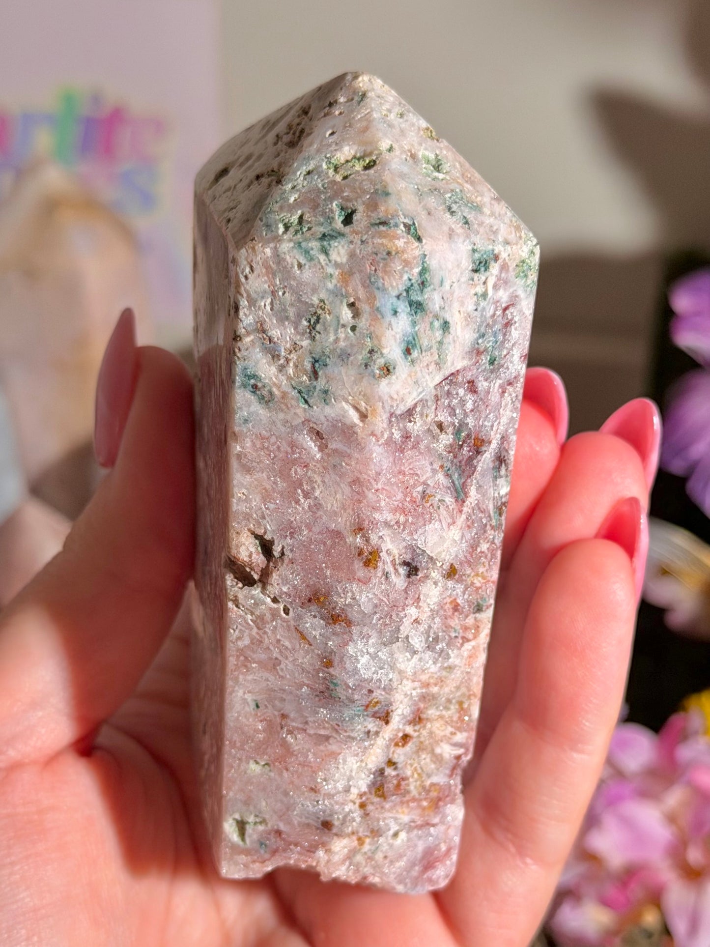 Fairy green jasper mixed with pink amethyst tower from Brazil