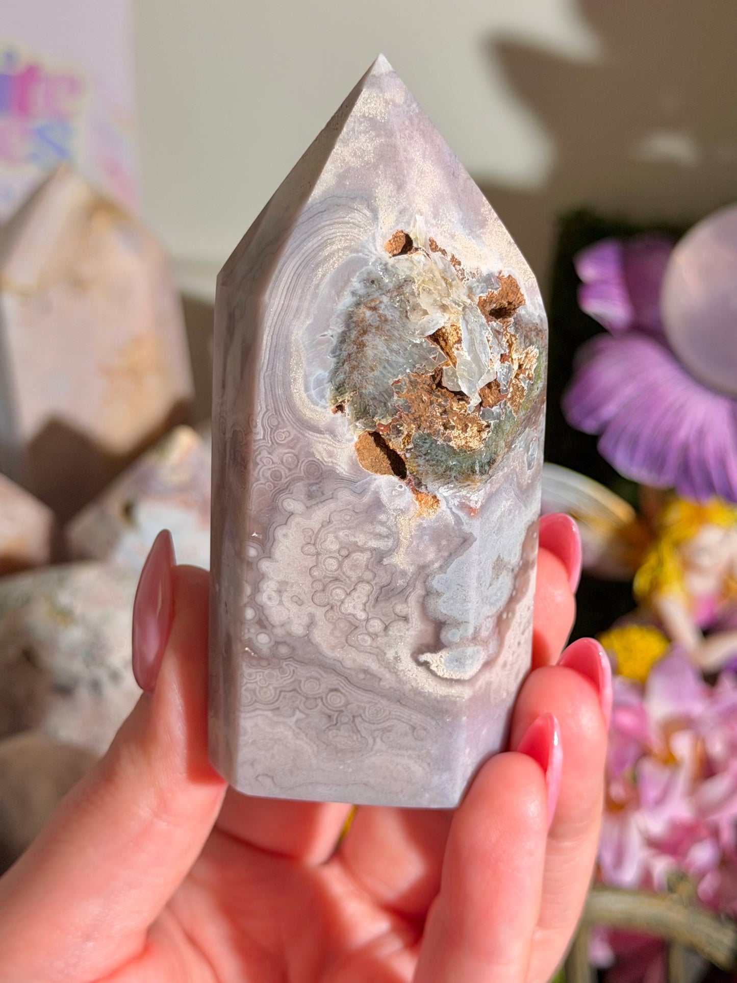 Orbicular pastel purple pink amethyst tower from Brazil