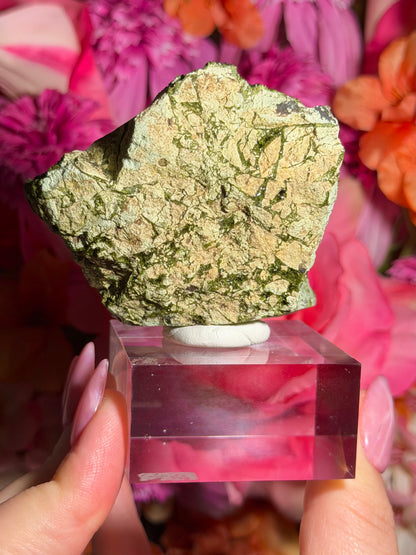 Fairy Quartz Epidote specimen on stand from Hakkari, Turkey