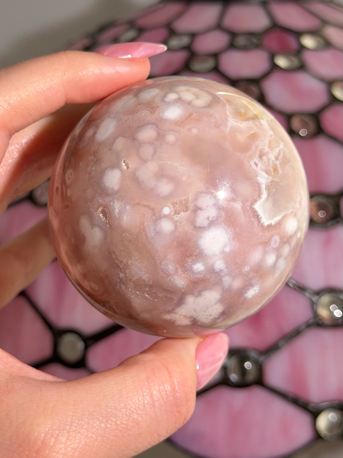 Bubbly Pink amethyst x flower agate sphere