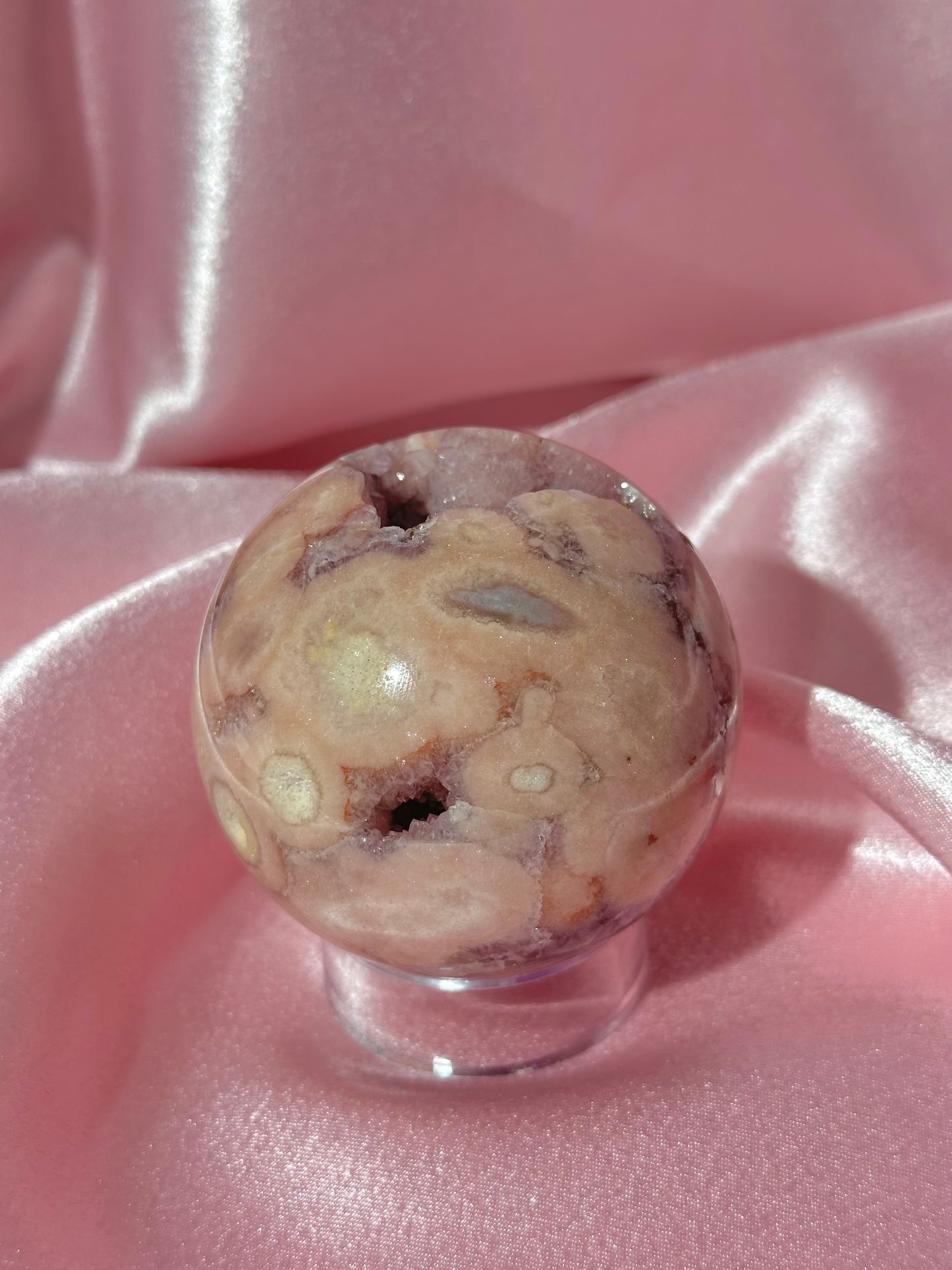 Brazilian pink amethyst x flower agate sphere with druzy cave