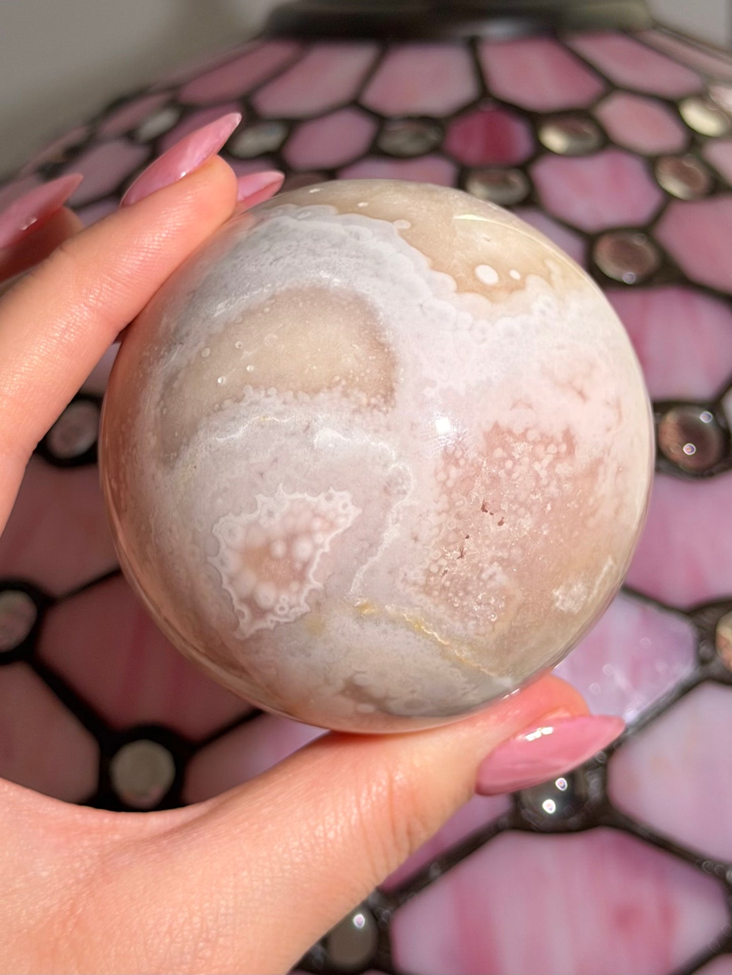 Large bubbly pastel Pink amethyst x flower agate sphere