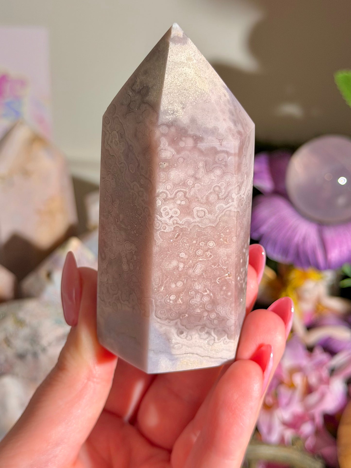 Orbicular pastel purple pink amethyst tower from Brazil