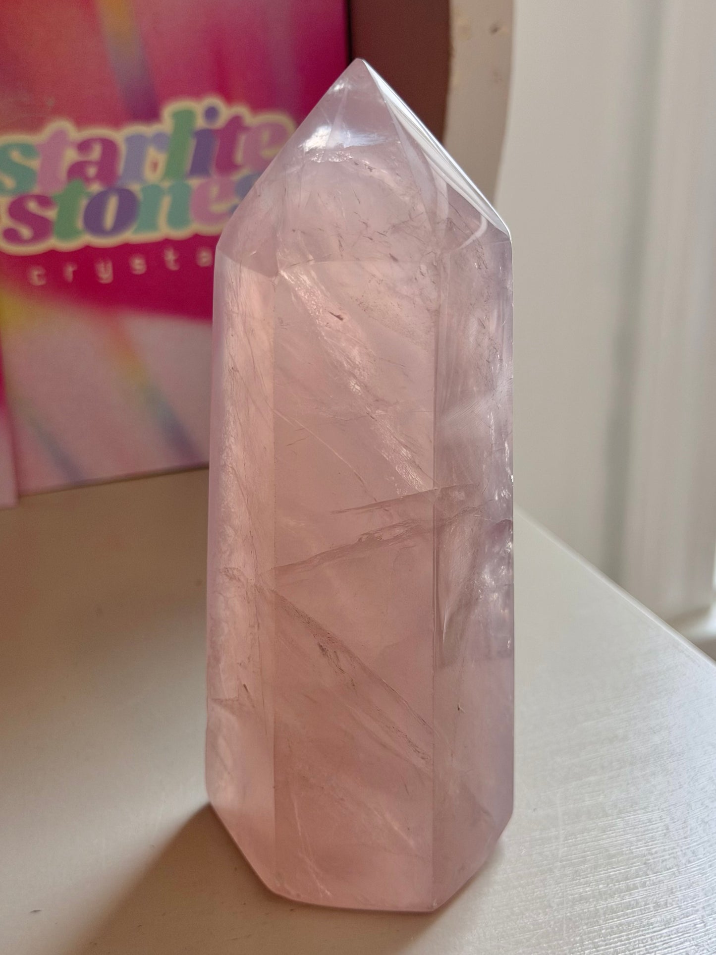 Glassy pink rose quartz tower