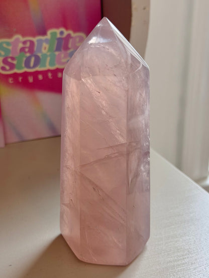 Glassy pink rose quartz tower