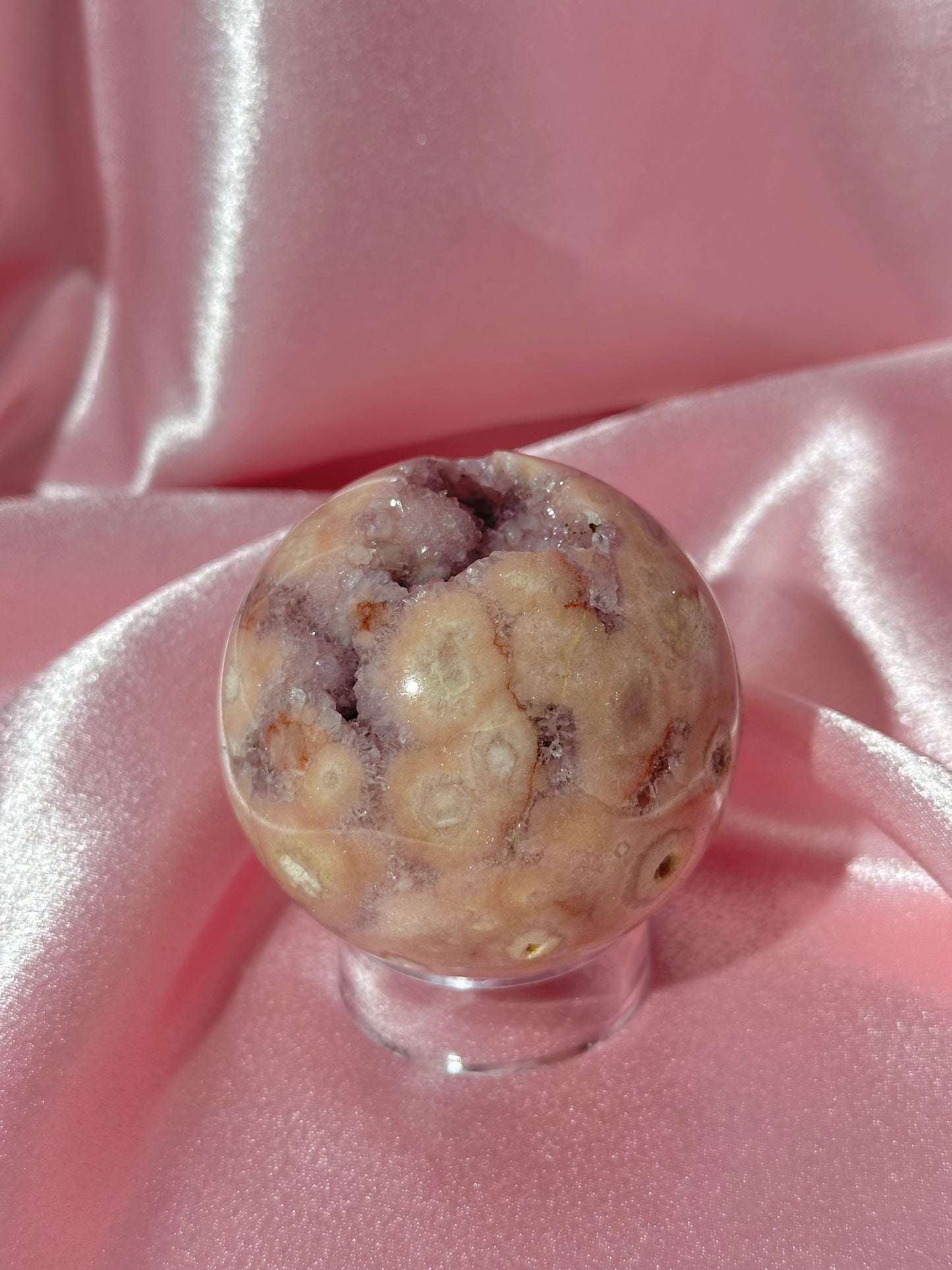 Brazilian pink amethyst x flower agate sphere with druzy cave