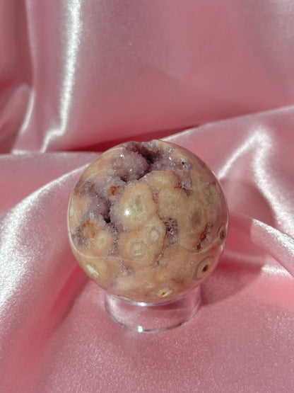Brazilian pink amethyst x flower agate sphere with druzy cave