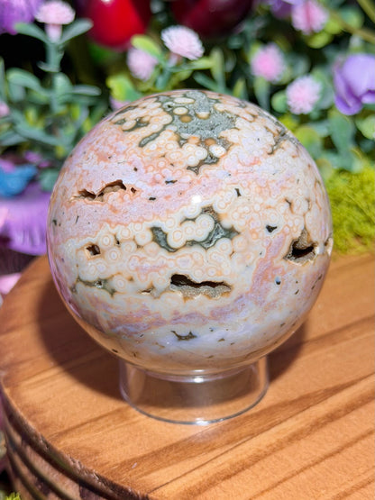 Pink Orbicular Veinless Ocean Jasper sphere