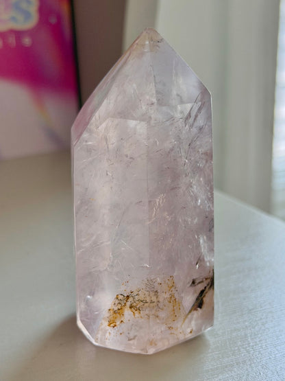 Icy rose quartz tower with dendrites