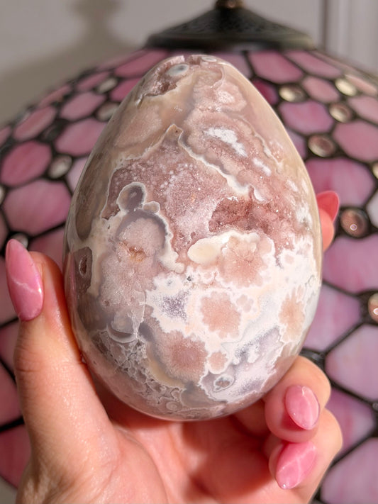 Large Flower agate x pink amethyst egg