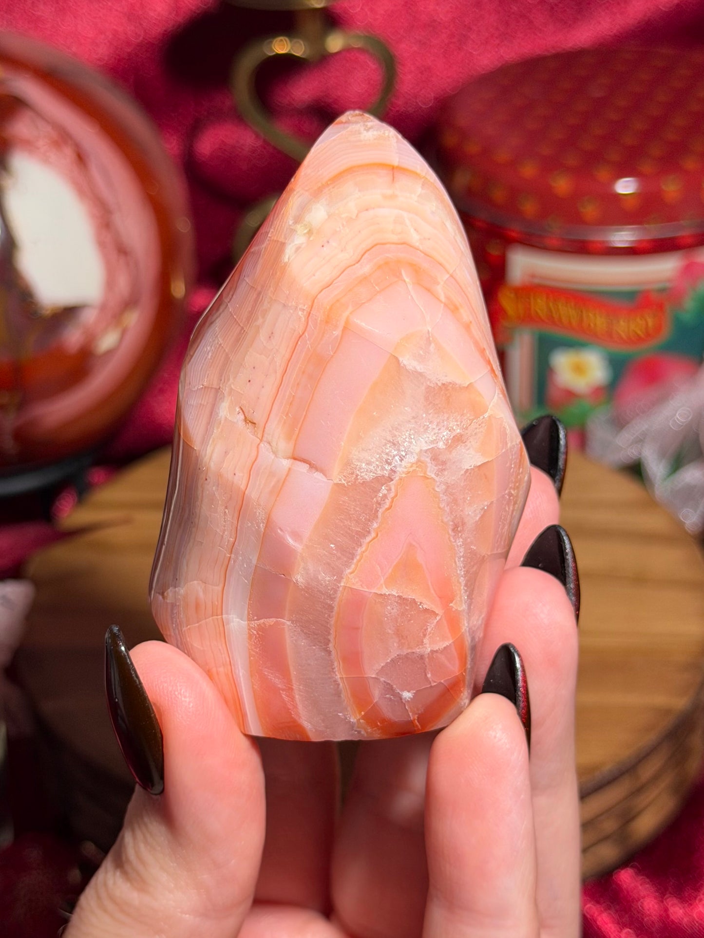 Pastel pink carnelian flame with quartz