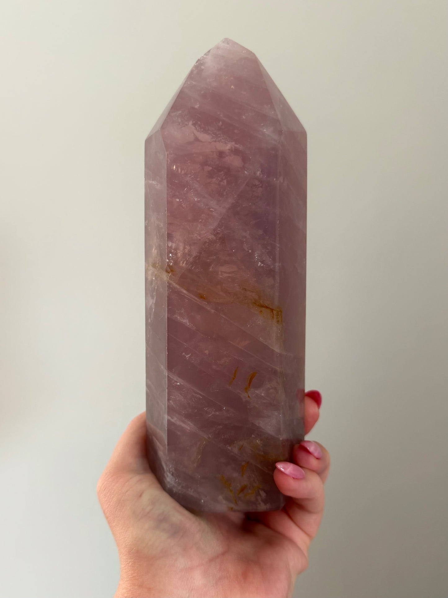 Statement Glassy Purple-toned star rose quartz tower with bright “rainbow” asterism & golden healer