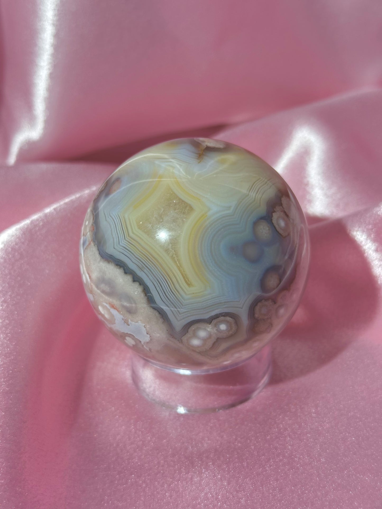 Yellow, blue & pink flower agate sphere from Madagascar *has parallax!