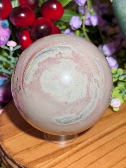 Pastel pink dendritic picture jasper sphere