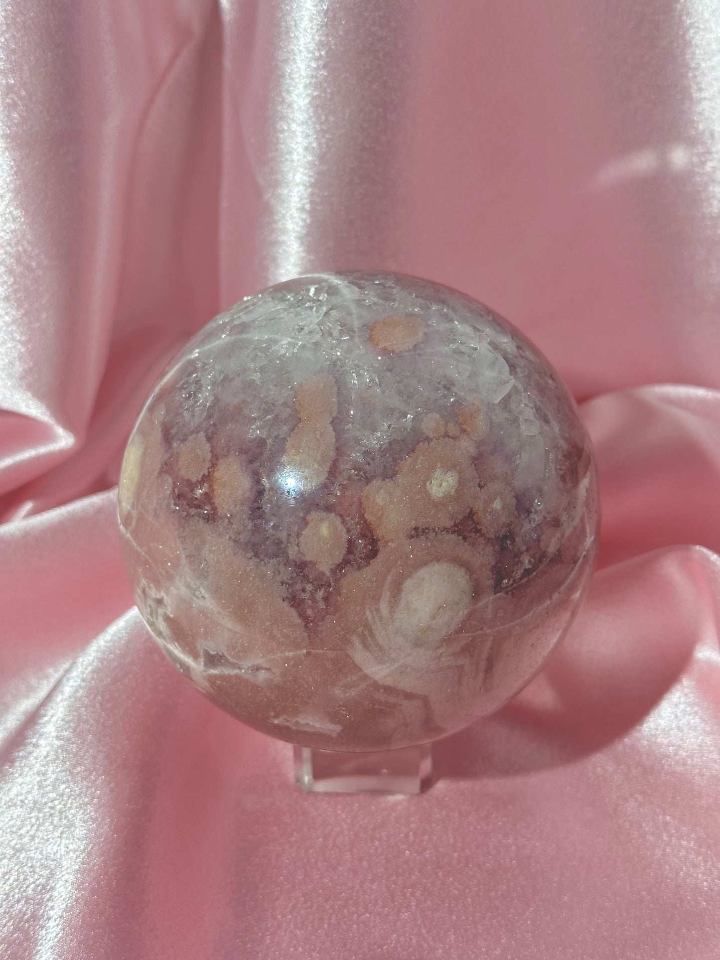Statement Brazilian pink amethyst x flower agate sphere with sparkly quartz