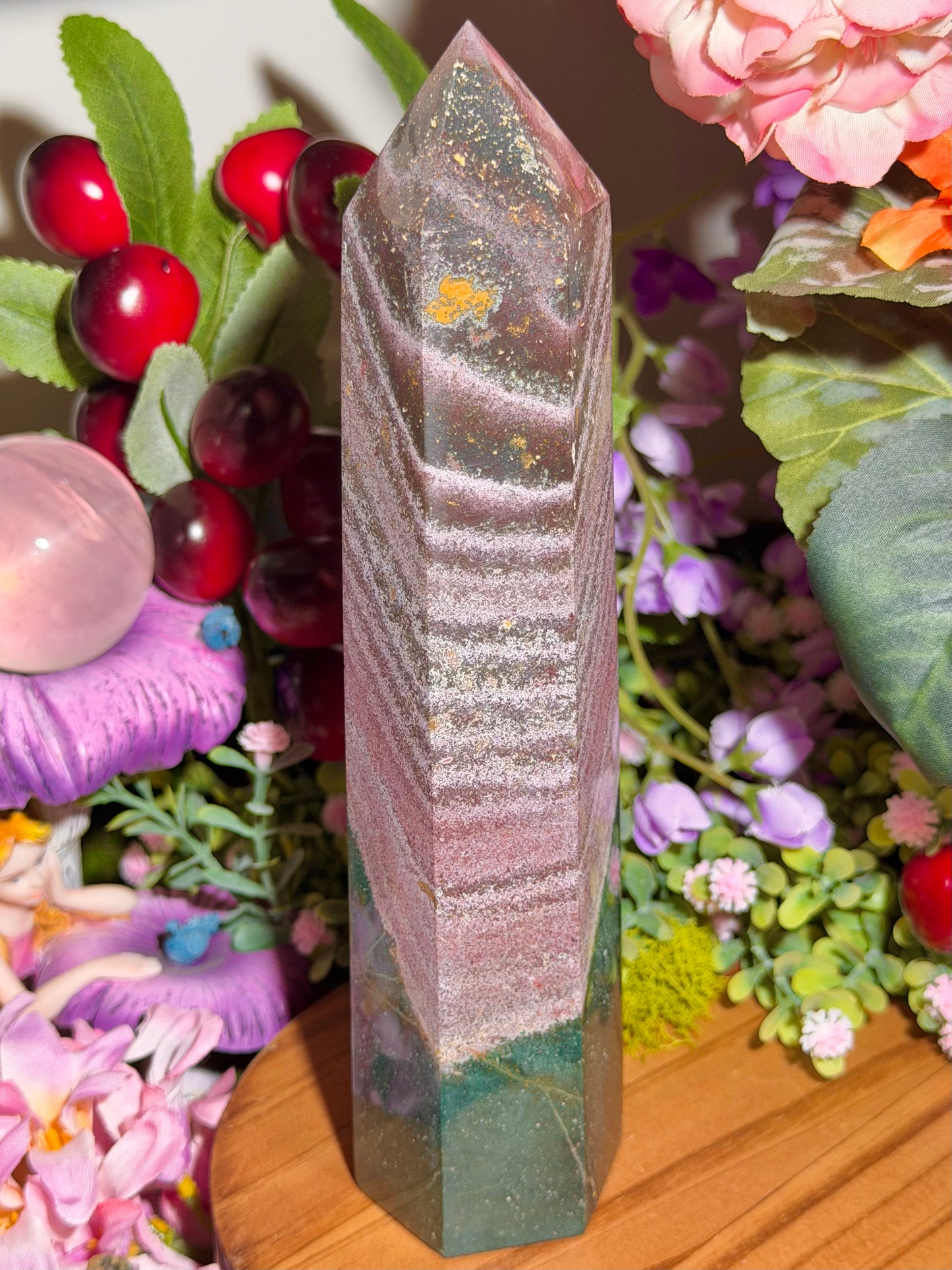 Pink and green sea jasper tower