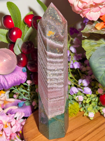 Pink and green sea jasper tower