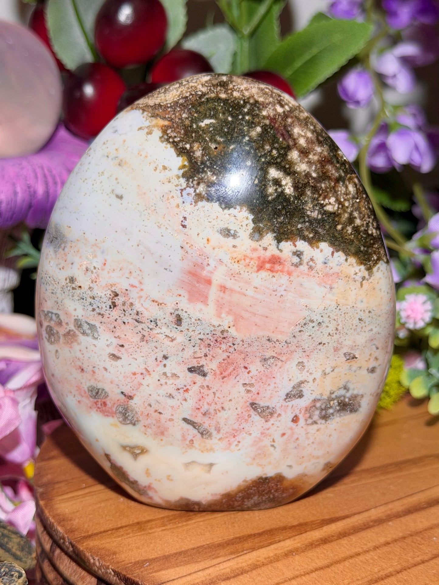 Pastel rainbow sea jasper freeform with quartz pocket