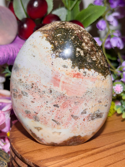 Pastel rainbow sea jasper freeform with quartz pocket