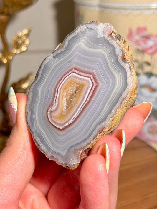 Large blue Laguna agate with perfect yellow and red banding