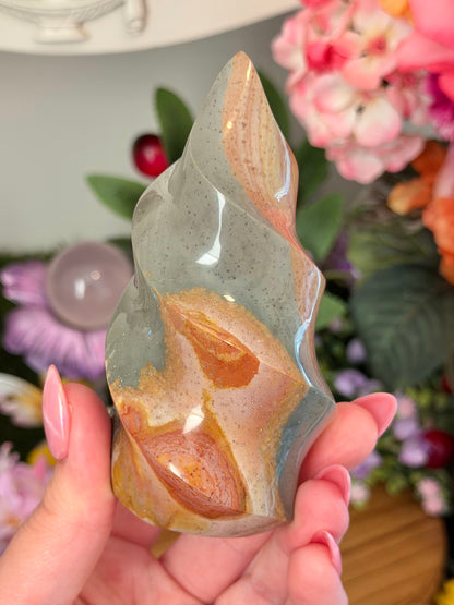 Pink and blue polychrome jasper twisty flame