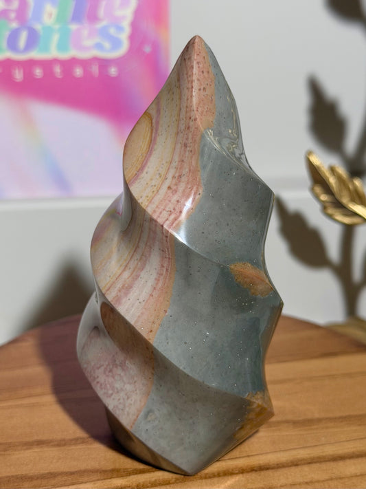 Pink and blue polychrome jasper twisty flame