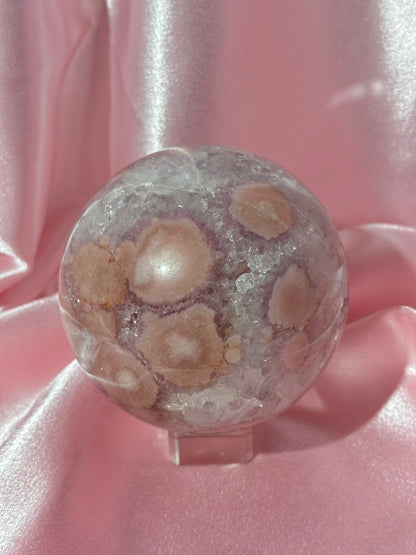 Statement Brazilian pink amethyst x flower agate sphere with sparkly quartz