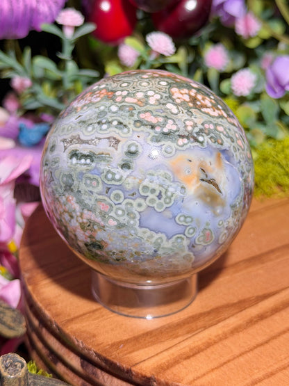 Green and pink 8th Vein Ocean Jasper sphere