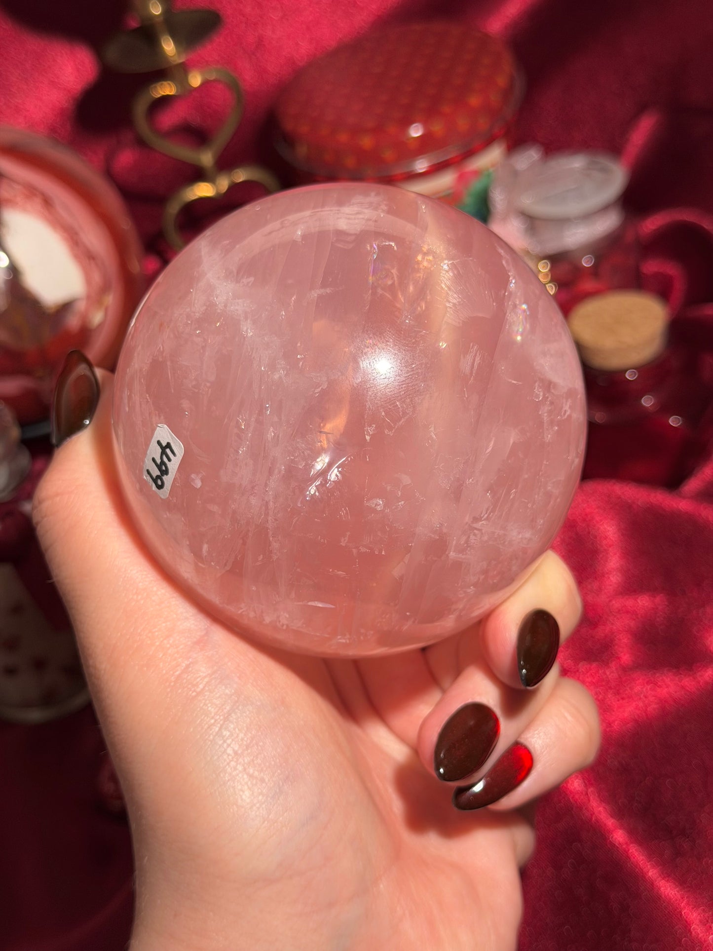 High quality star rose quartz sphere with golden glittery flash