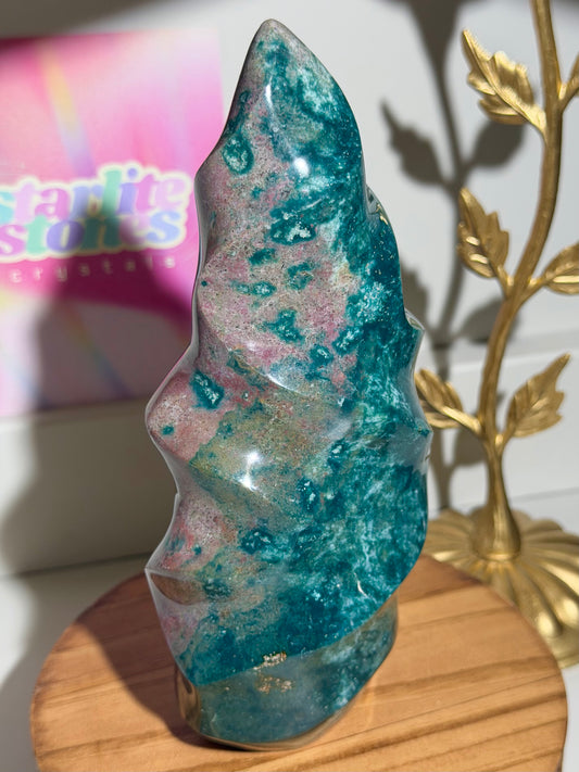 Large Strawberry pink and green sea jasper flame