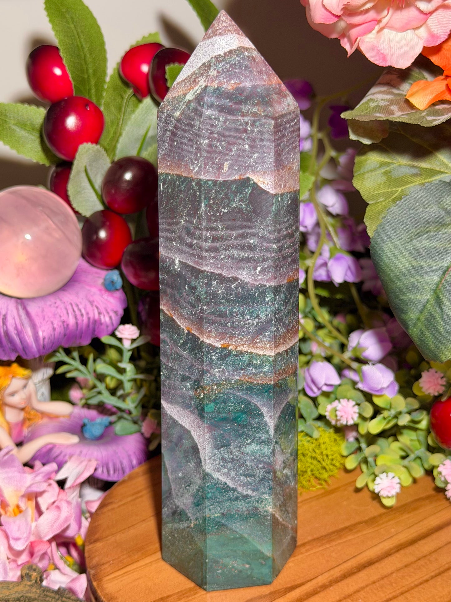 Pink and green sea jasper tower