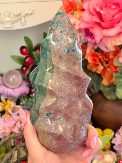 Strawberry pink and green sea jasper flame