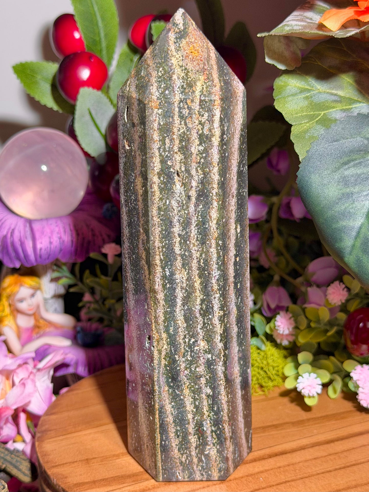 Pink and green sea jasper tower