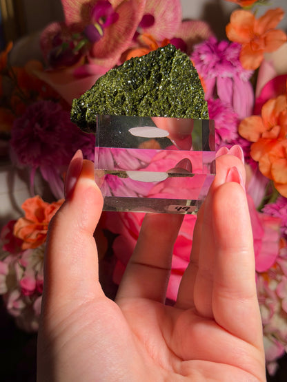 Fairy Quartz Epidote specimen on stand from Hakkari, Turkey