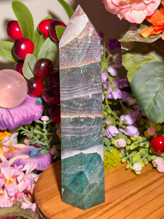 Pink and green sea jasper tower