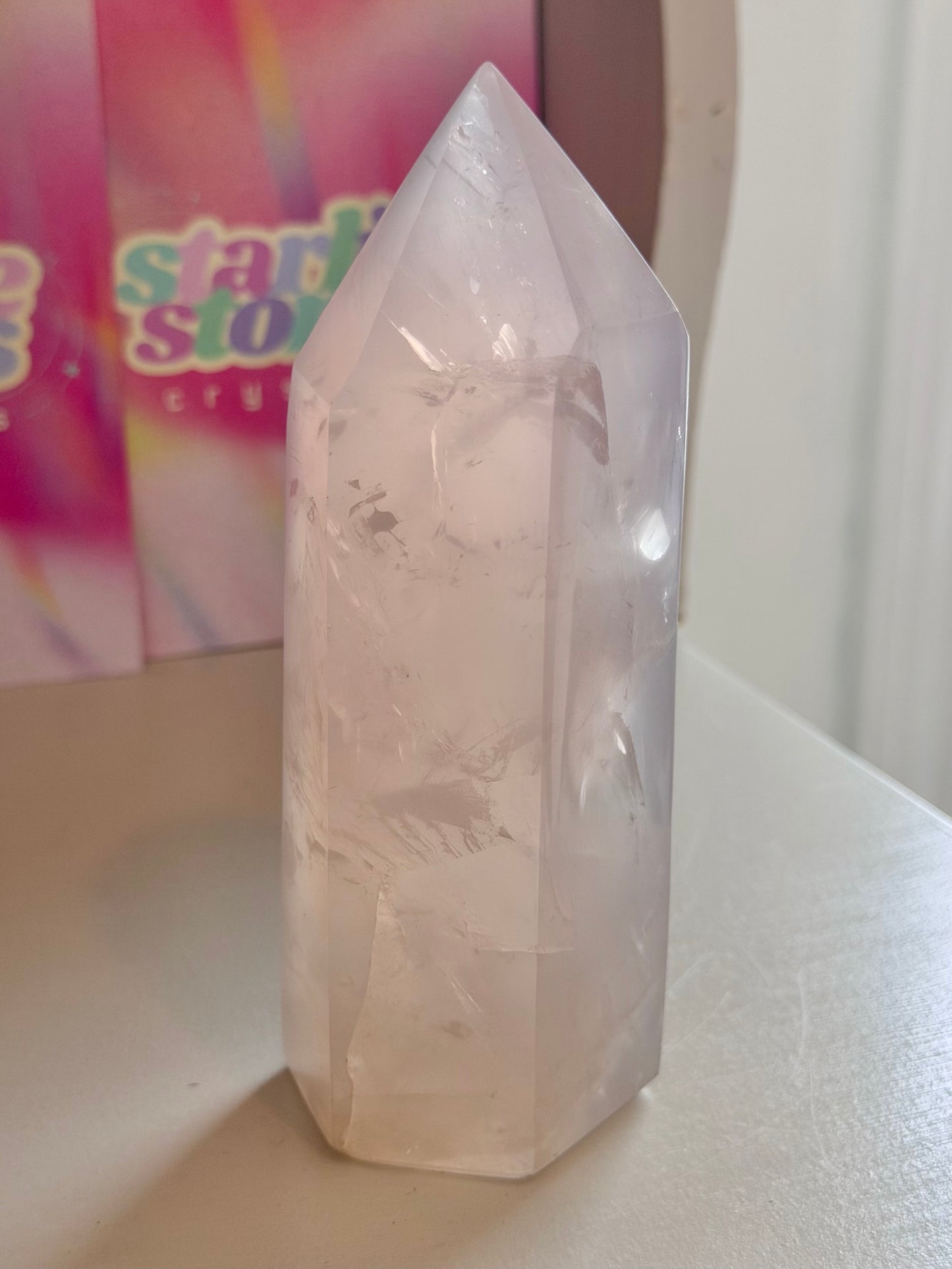 Ethereal icy blue rose quartz tower