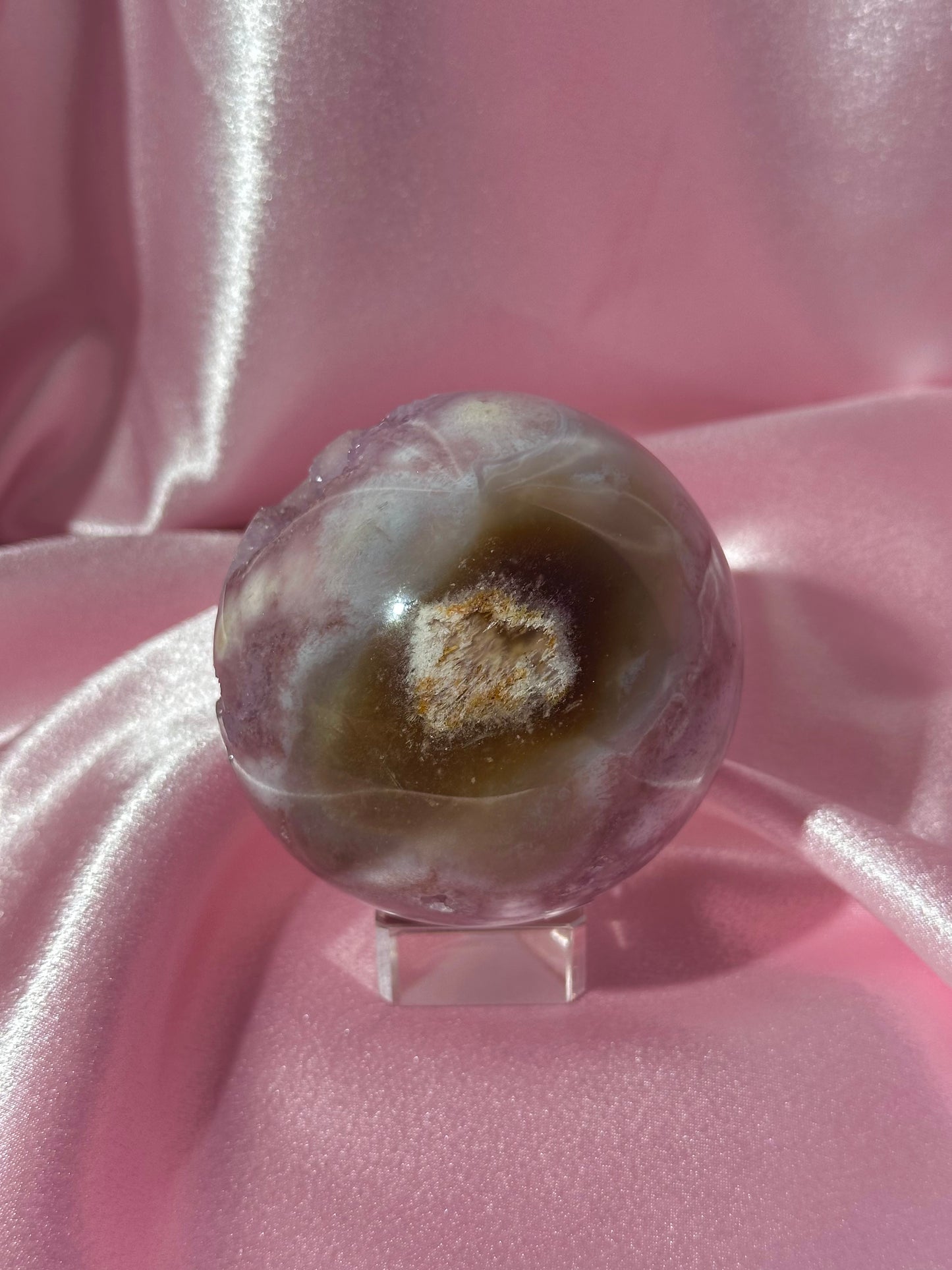 Brazilian pink amethyst x flower agate sphere with druzy cave