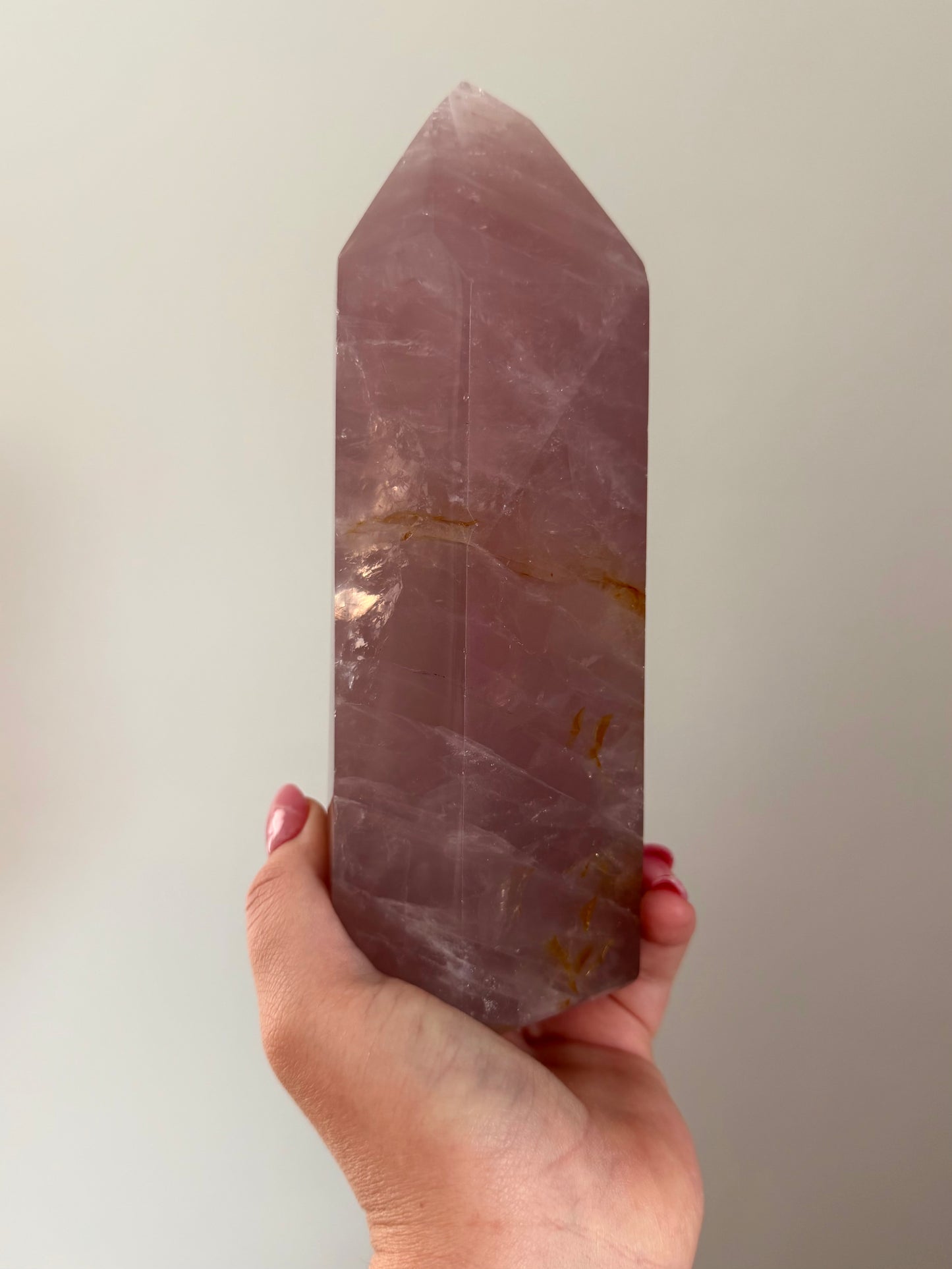 Statement Glassy Purple-toned star rose quartz tower with bright “rainbow” asterism & golden healer