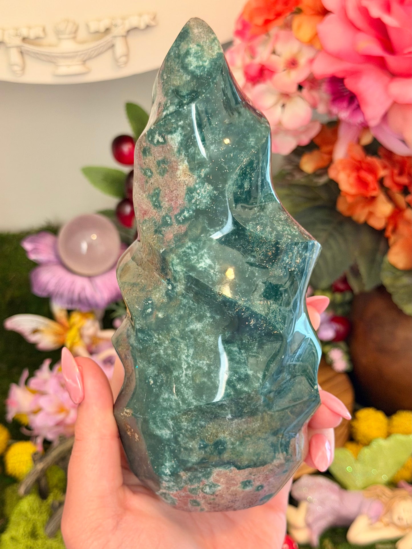 Strawberry pink and green sea jasper flame