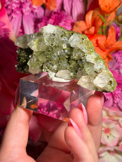 Fairy Quartz Epidote specimen on stand from Hakkari, Turkey