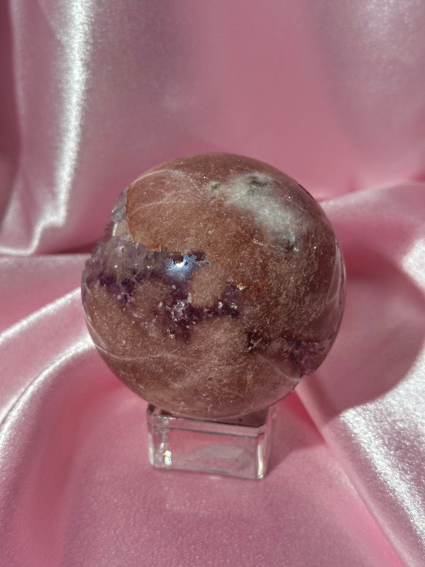 Brazilian pink amethyst x flower agate sphere with purple quartz-filled druzy cave