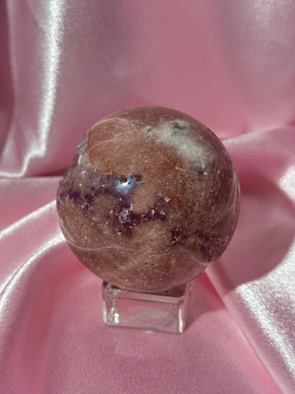 Brazilian pink amethyst x flower agate sphere with purple quartz-filled druzy cave