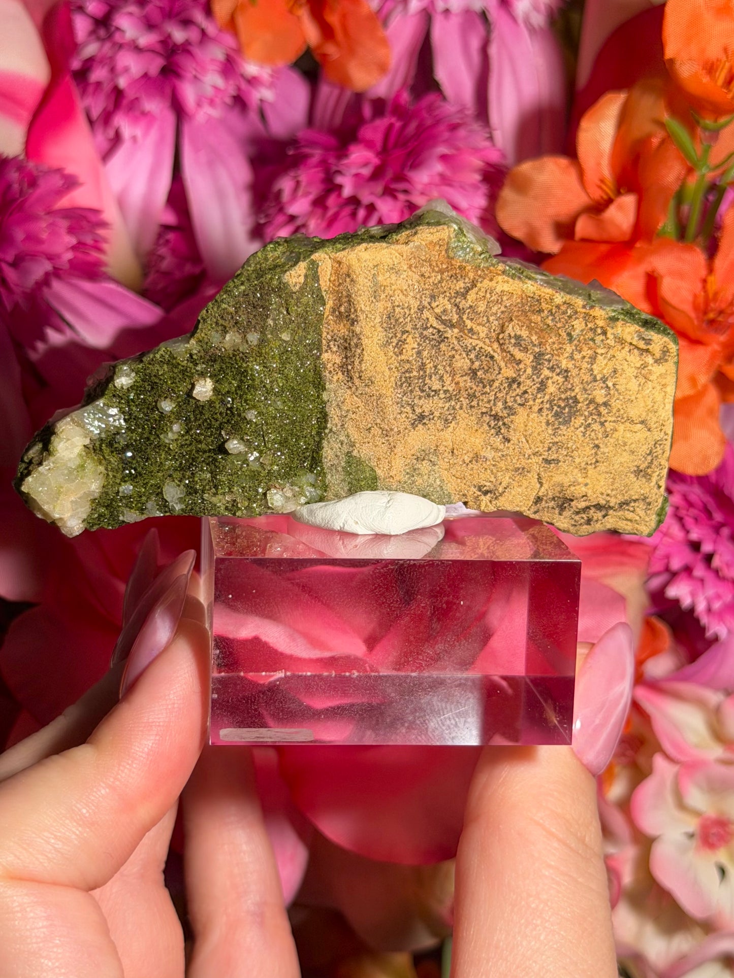 Fairy Quartz Epidote specimen on stand from Hakkari, Turkey