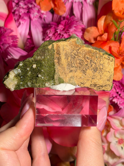 Fairy Quartz Epidote specimen on stand from Hakkari, Turkey